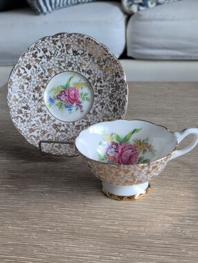 Vintage Floral Gold Accent English Bone China Teacup & Saucer Set